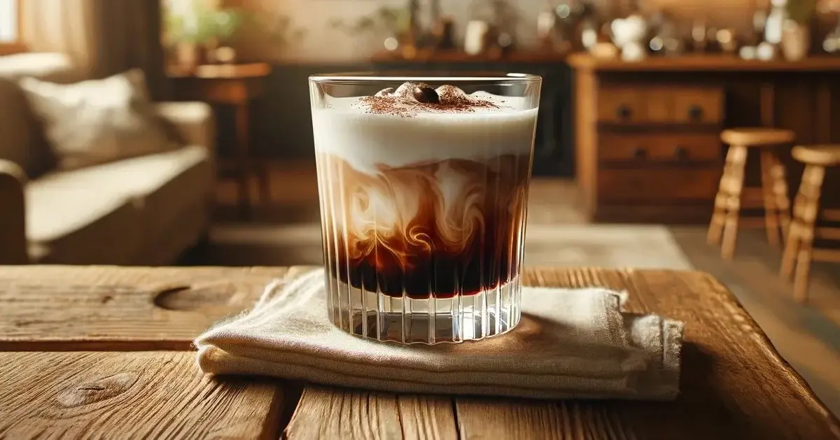 Domowy White Russian w szklance, na drewnianym stole.