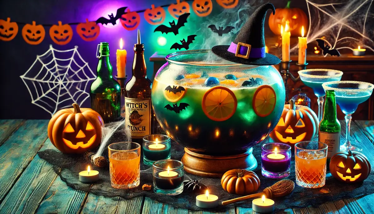 Wiedźmi Poncz – kolorowy poncz z rumem, pomarańczą i grenadyną, halloweenowy drink na większe przyjęcia.