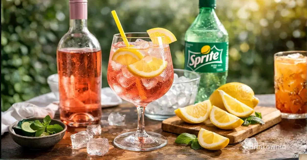 Drink z różowego wina ze Sprite’em i cytryną w kieliszku, z lodem, na stole obok butelki wina i cytryn.