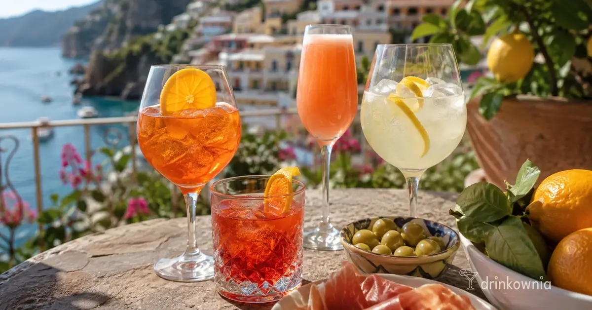 Włoskie drinki na słonecznym tarasie nad morzem, z cytrusami, oliwkami i przekąskami aperitivo.