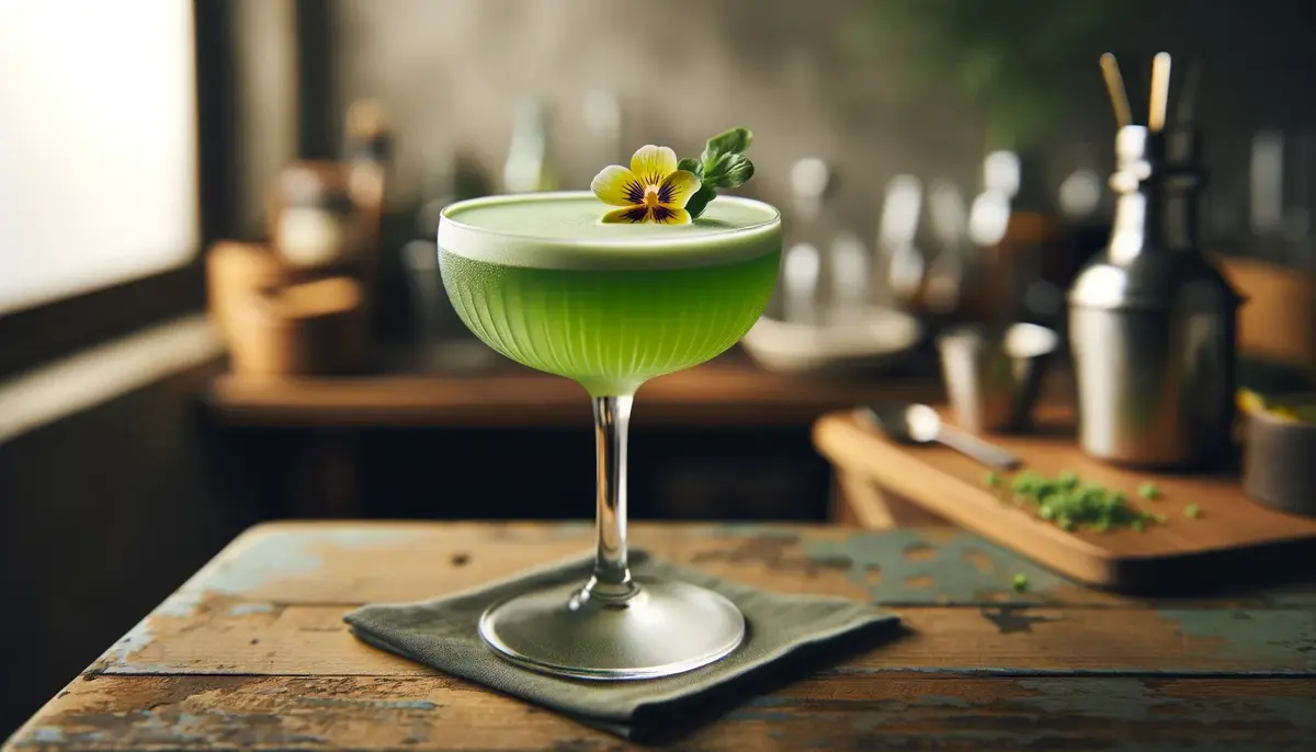 Koktajl Yuzu Midori Sour w eleganckim kieliszku typu coupe, z zieloną barwą i pianką na wierzchu, na domowym barze