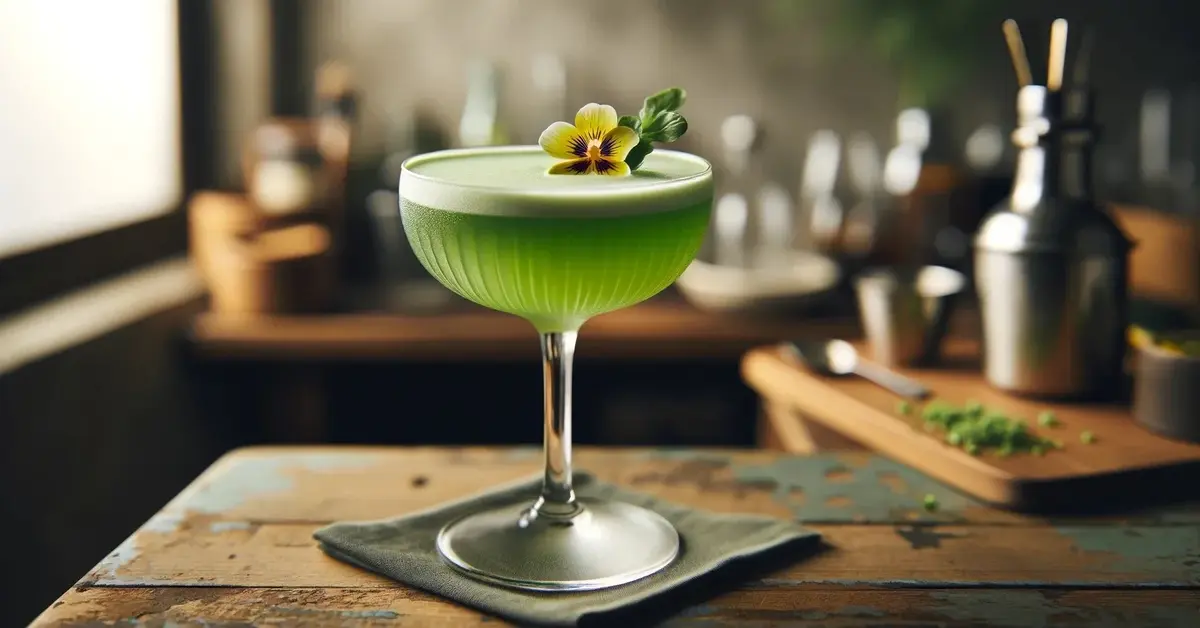 Koktajl Yuzu Midori Sour w eleganckim kieliszku typu coupe, z zieloną barwą i pianką na wierzchu, na domowym barze