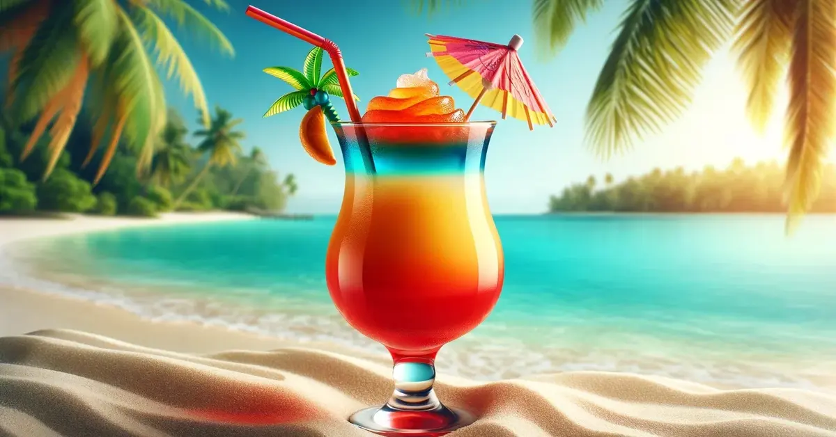 Kolorowy, warstwowy drink Żar tropików, ozdobiony kolorową rurką i parasolką z plażą w tle.