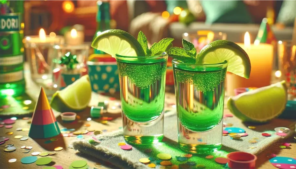 Zdjęcie prezentuje shoty Zielona Wenus ozdobione limonką w kolorowej scenerii imprezowej.