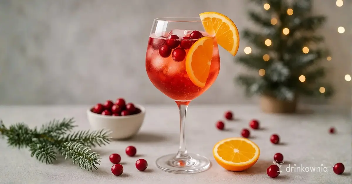 Czerwony żurawinowy spritz z prosecco w kieliszku z pomarańczą, na zimowym tle z gałązką świerku i żurawinami.