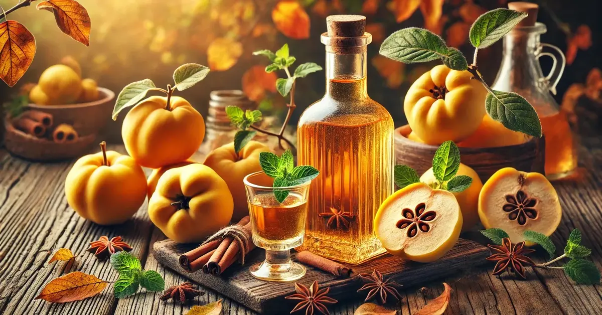 Nalewka z pigwy w scenerii jesiennej, otoczona kompozycją składników mięta, przyprawy korzenne, białe wino