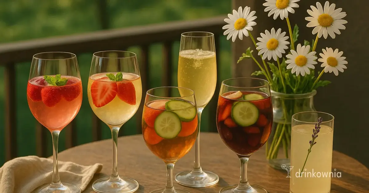 Wiosenne drinki z winem – pięć kolorowych koktajli z owocami i ziołami na tarasie, idealne na ciepłe wieczory.