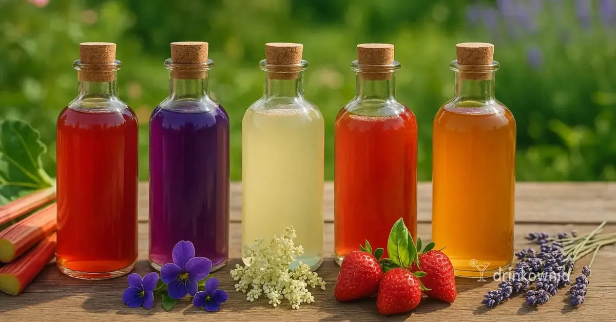Pięć ozdobnych butelek z domowymi wiosennymi syropami do drinków: rabarbarowy, fiołkowy, z bzu, truskawkowy, lawendowy.