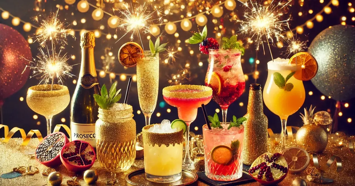 Pięć sylwestrowych drinków, z dekoracjami jak brokat, konfetti i zimne ognie, idealne na Nowy Rok i domowe imprezy.