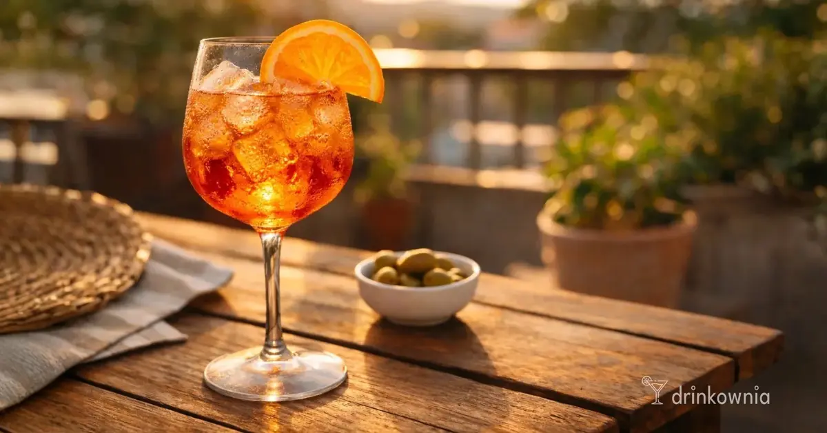 Aperol Spritz z lodem i plasterkiem pomarańczy na drewnianym stole na tarasie, lekki włoski drink na letni wieczór.