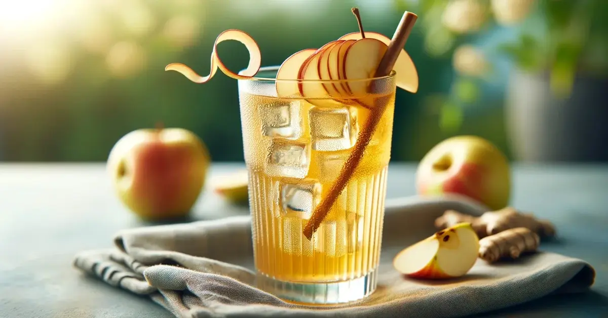 Zdjęcie prezentuje bezalkoholowy drink Apple Ginger Sparkler, orzeźwiający napój jabłkowo-imbirowy na lato.