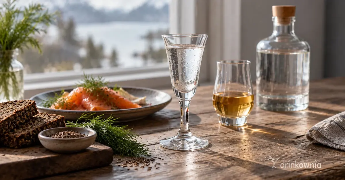Kieliszek aquavitu na nordyckim stole z żytnim pieczywem, łososiem, koprem i butelką trunku w tle