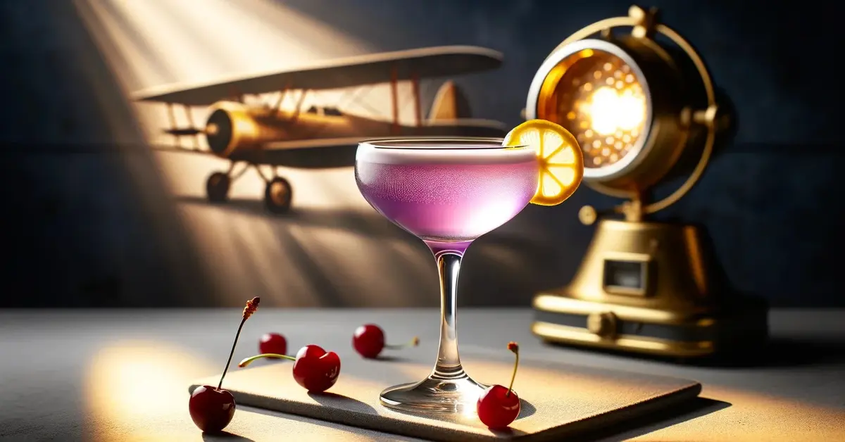 Zdjęcie przedstawia drink Aviation o pięknej, lekko fioletowej barwie. W tle sceneria nawiązująca do lotnictwa.