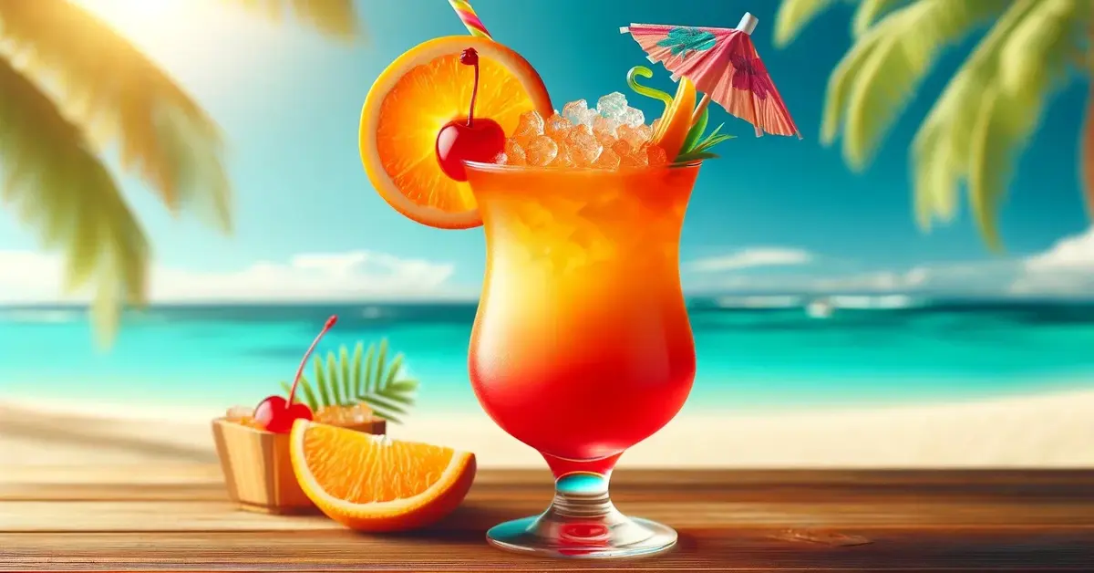 Zdjęcie prezentuje tropikalny drink Bahama Mama na plaży, ozdobionego pomarańczą, wiśnią i parasolką