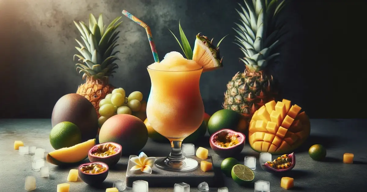 Zdjęcie przedstawia egzotyczny drink Batida, na bazie cachaca, ozdobiony ananasem i słomką, wokół owoce tropikalne.