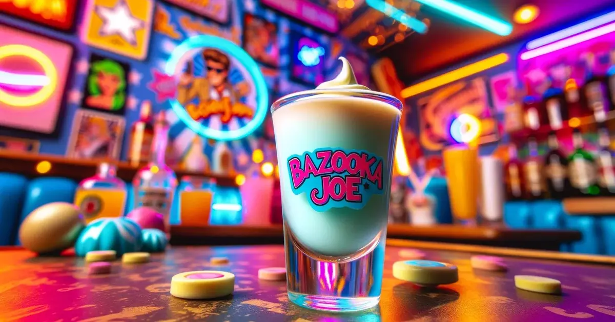 Kremowy, lekko niebieski shot Bazooka Joe, z neonowym tłem