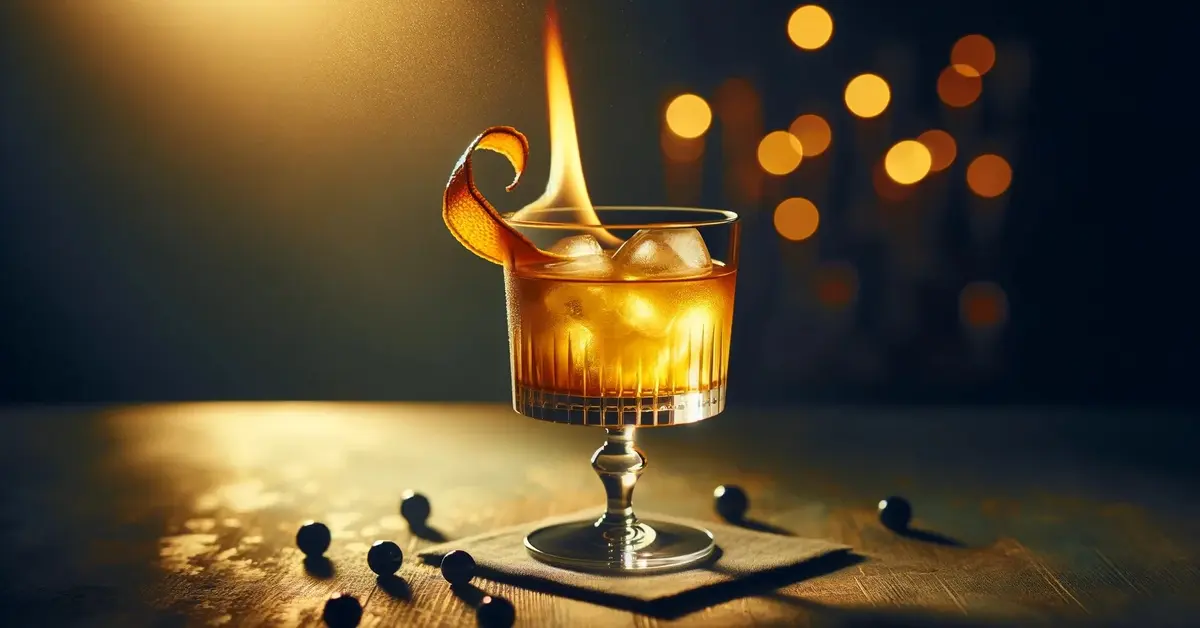 Zdjęcie przedstawia elegancki koktajl Between the Sheets z koniakiem i rumem, ozdobiony podpalaną skórką pomarańczy.