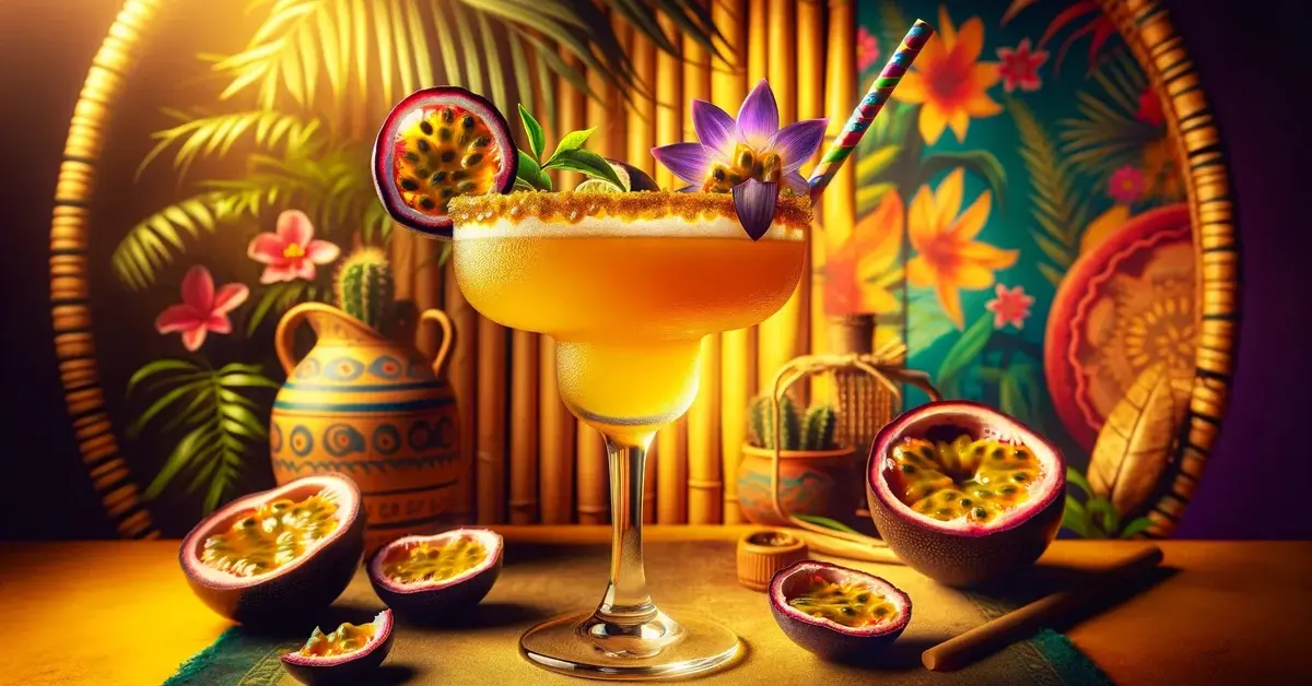 Egzotyczny drink bezalkoholowy, w którego skład wchodzi kombucha, bezalkoholowa tequila i sok z marakui.