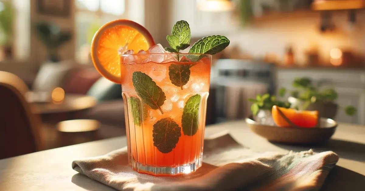Bezalkoholowa Sangrita w szklance, ozdobiona pomarańczą i miętą.