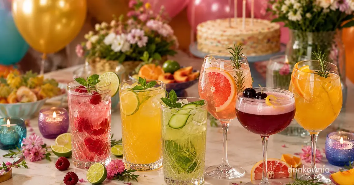 Kolorowe bezalkoholowe drinki na urodzinowym stole z owocami, kwiatami i tortem w tle.
