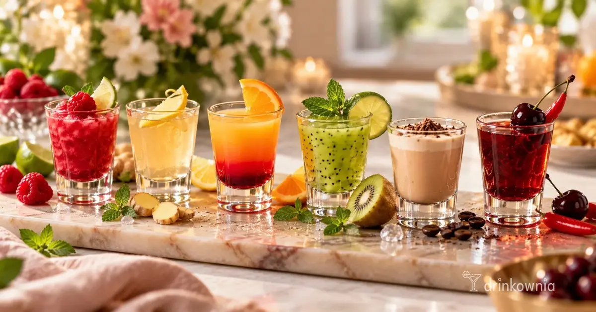 Sześć kolorowych shotów bezalkoholowych na jasnej tacy – malinowy, imbirowy, warstwowy, kiwi, kawowy i wiśniowy