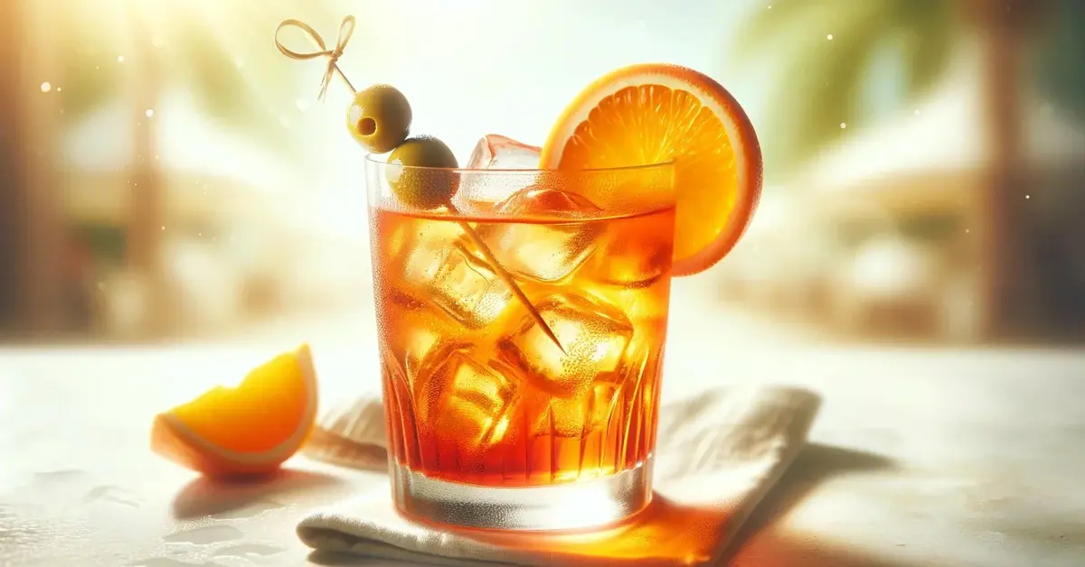 Drink Aperol Spritz bezalkoholowy, pomarańczowy i jasny, podany w szklance, ozdobiony oliwkami i plasterkiem pomarańczy.