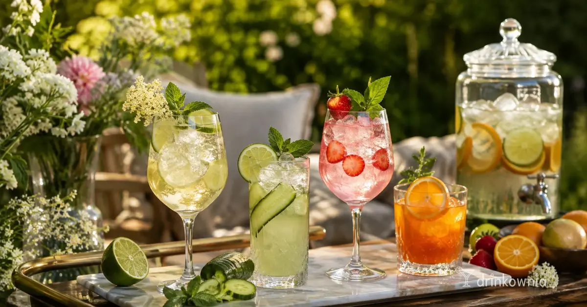 Bezalkoholowe drinki na garden party z owocami, lodem i dyspenserem w letnim ogrodzie.