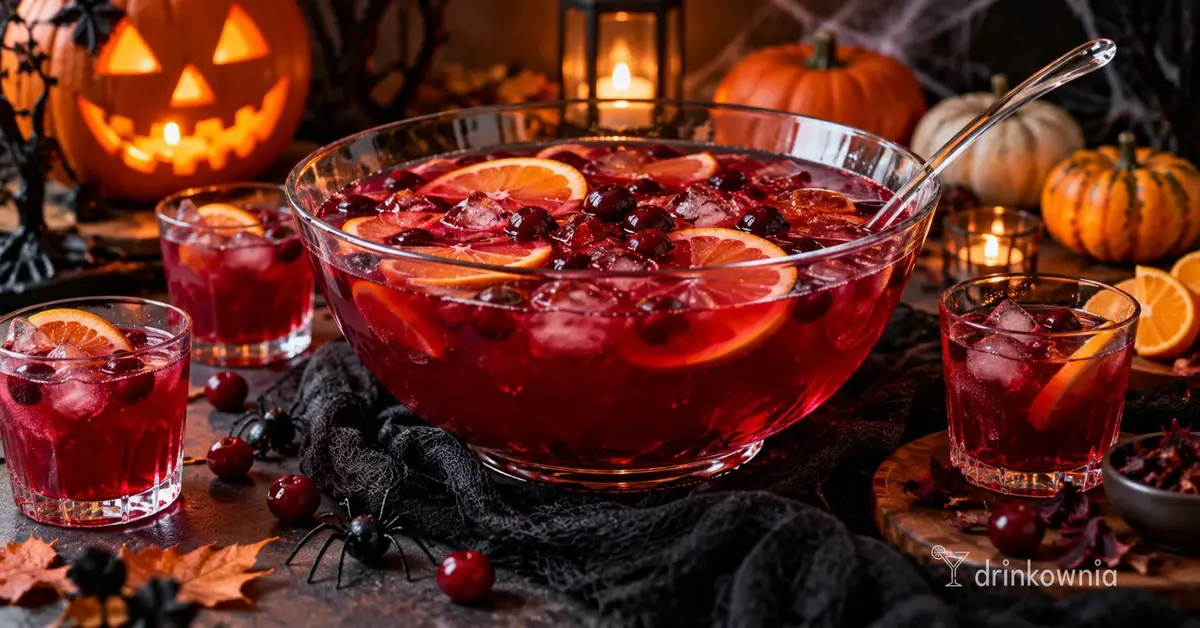 Rubinowy poncz bezalkoholowy na Halloween w szklanej misie, w otoczeniu dyń i świec.