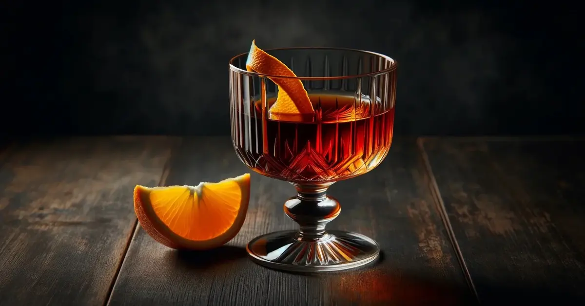 Zdjęcie przedstawia drink Boulevardier, dekorowany plasterkiem pomarańczy, z ciemnym, industrialnym tłem.