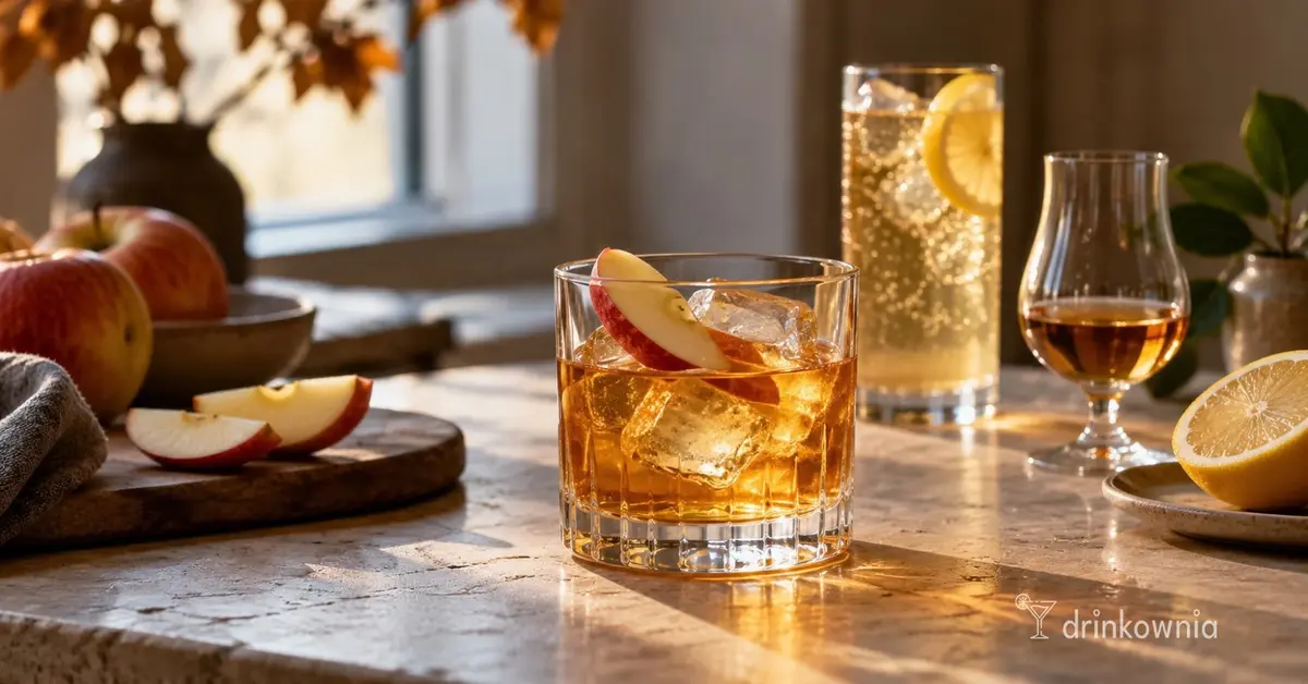 Calvados podany na trzy sposoby z jabłkami, lodem i prostym drinkiem w jesiennym świetle