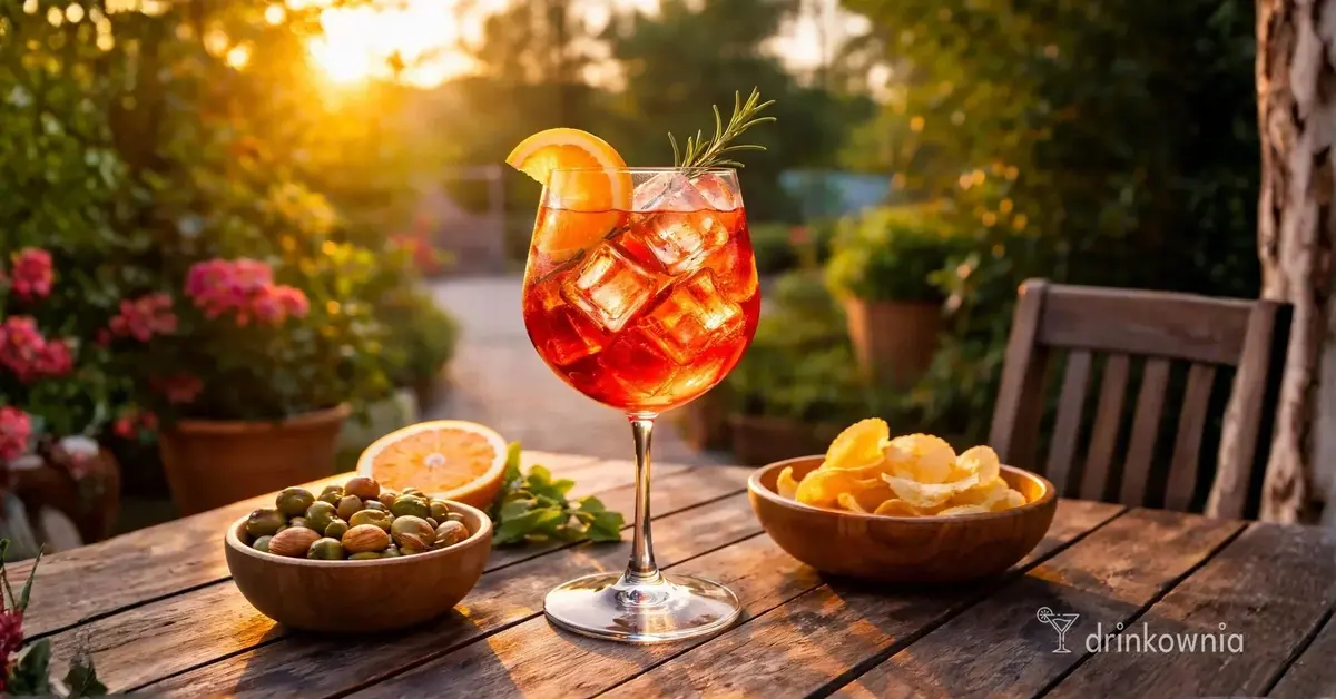 Campari Spritz w dużym kieliszku z lodem i plasterkiem pomarańczy na drewnianym stole, letni wieczór w ogrodzie.
