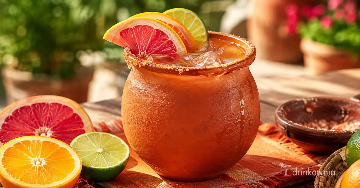 Cantarito z tequilą, grejpfrutem, pomarańczą podane w glinianym kubku.
