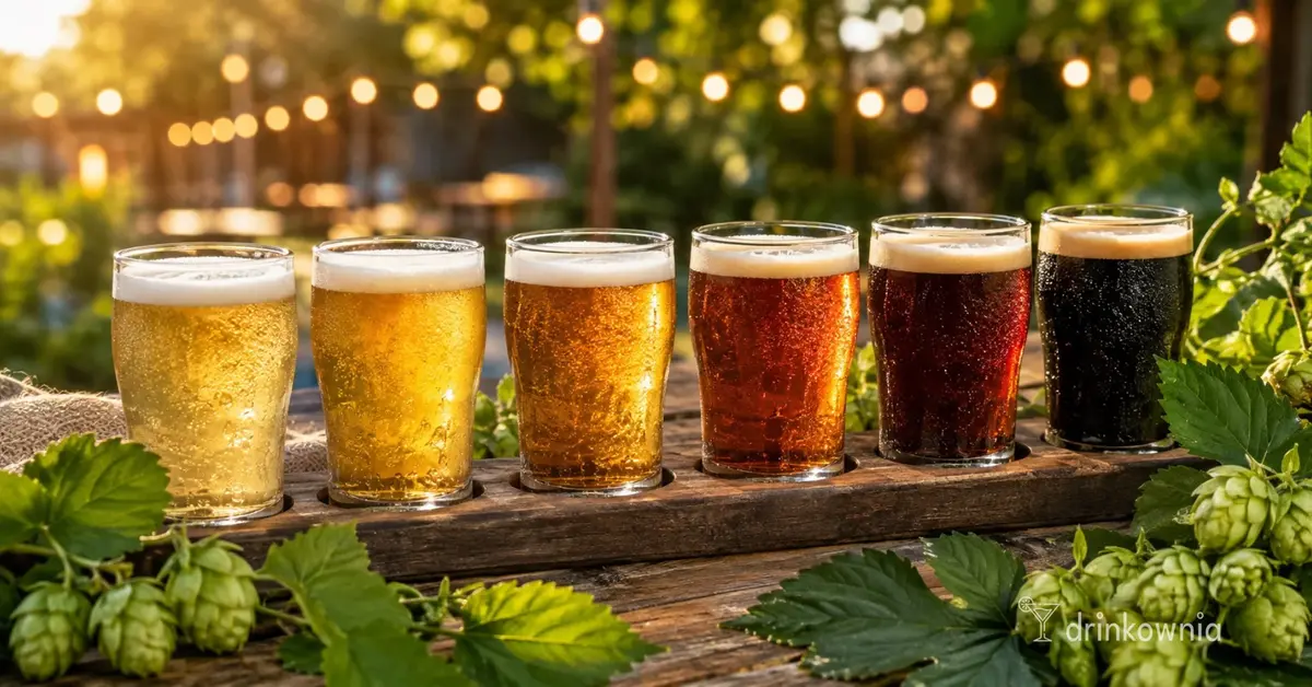 Degustacja różnych stylów piwa z szyszkami chmielu w letniej festiwalowej scenerii