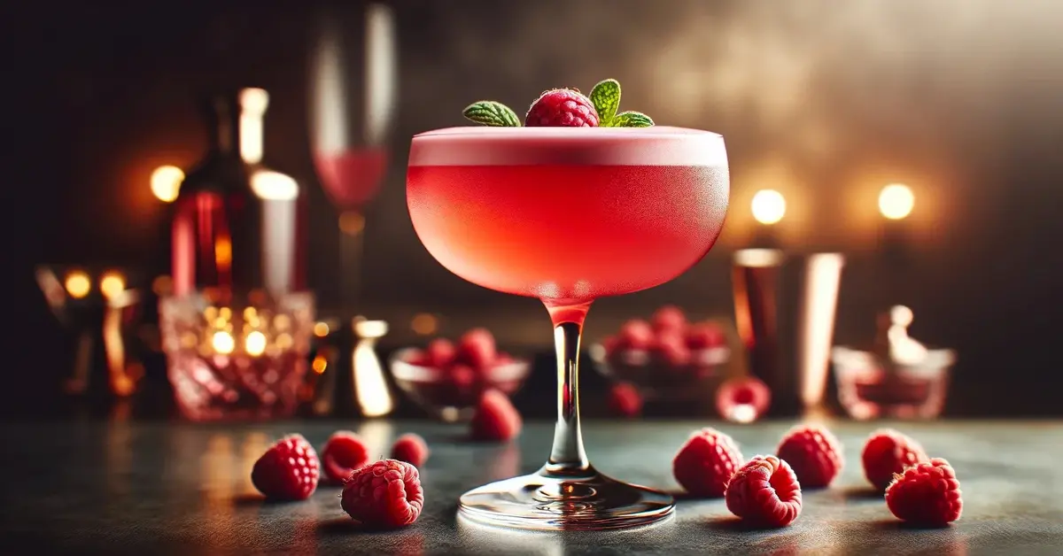 Zdjęcie prezentuje drink z ginem, Clover Club, w lekko różowym kolorze, z pianką z białka na wierzchu, ozdobiony maliną.