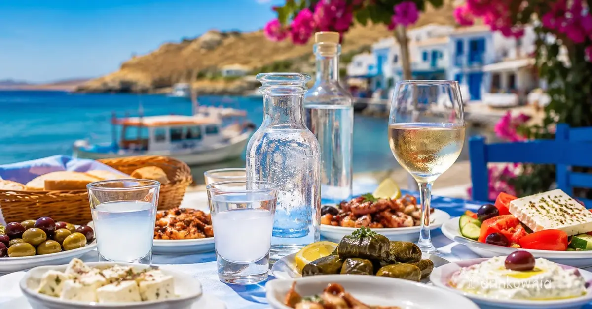 Greckie alkohole, wino i meze na stole w nadmorskiej tawernie z widokiem na turkusowe morze