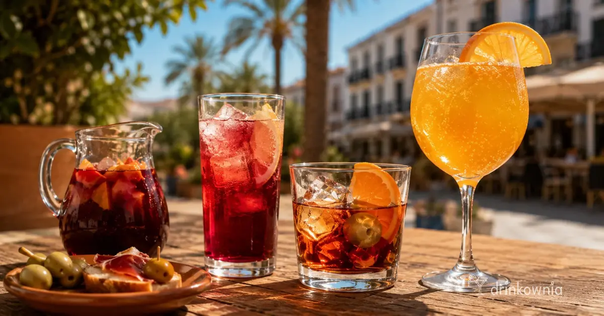 Hiszpański taras z sangrią, tinto de verano, vermutem i Agua de Valencia w letnim słońcu.