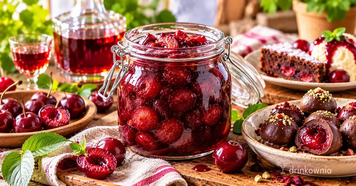 Owoce po nalewce w słoju, wiśnie w czekoladzie i ciasto z owocami na stole.