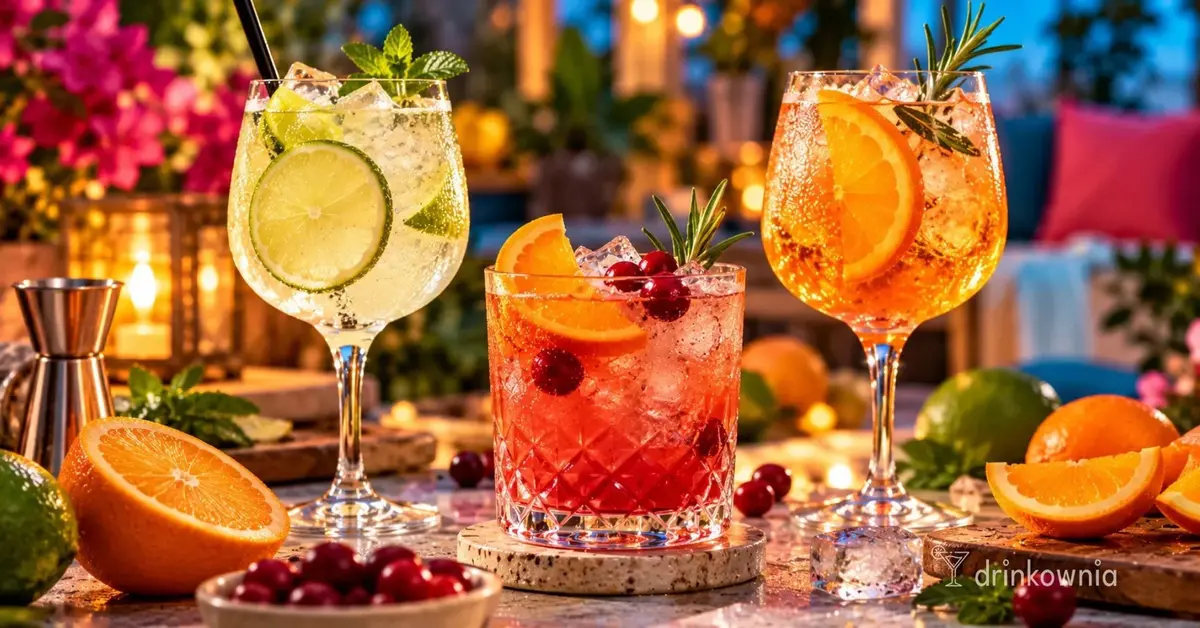 Trzy kolorowe drinki z Cointreau, limonką, żurawiną i pomarańczą na stole w imprezowym otoczeniu.