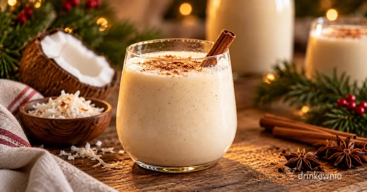 Kremowy Coquito z rumem i kokosem, posypany cynamonem, podany w szklance w świątecznej aranżacji.