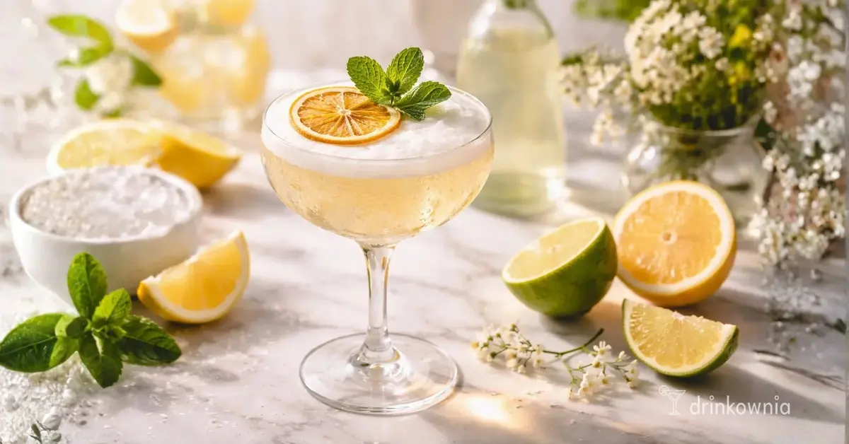 Cytrusowa Chmurka 0% – lekki mocktail z bąbelkami, cytryną i miętą w eleganckim kieliszku na jasnym blacie.