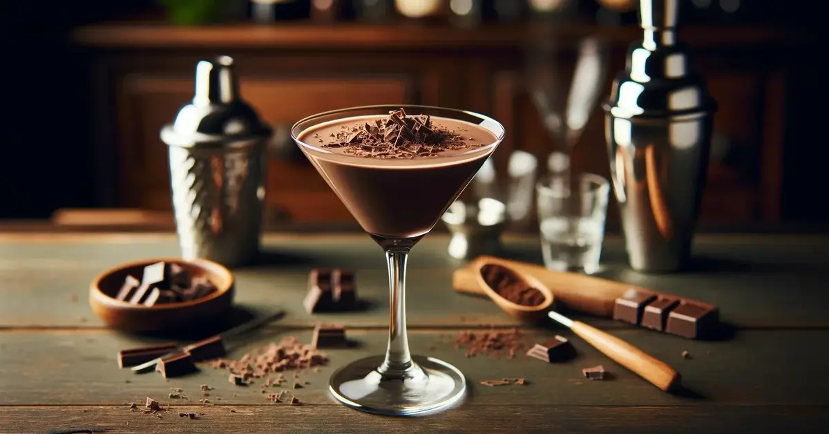 Domowe czekoladowe martini w szklance, z wiórkami czekolady, na drewnianym blacie baru