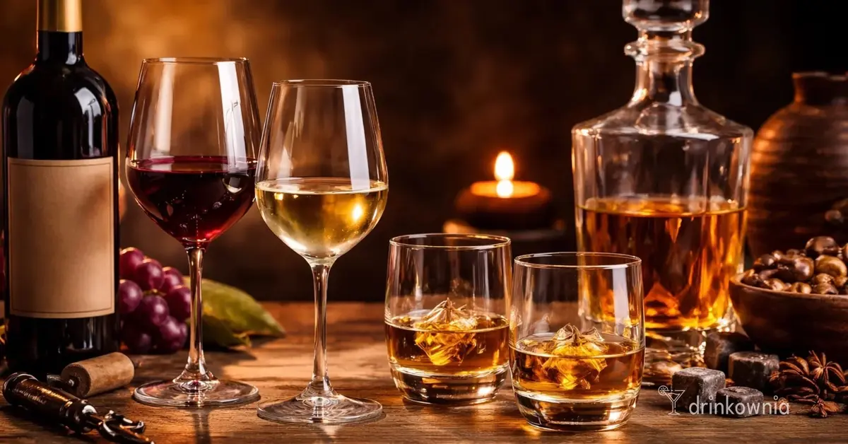 Degustacja wina i whisky na drewnianym stole, kieliszki, karafka, owoce i nastrojowe światło świecy.