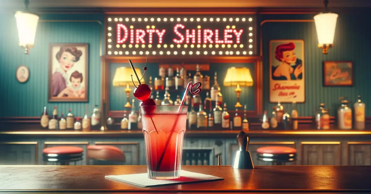 Zdjęcie prezentuje drink Dirty Shirley, lekko czerwony, ozdobiony wiśniami, w nostalgicznej scenerii retro baru.