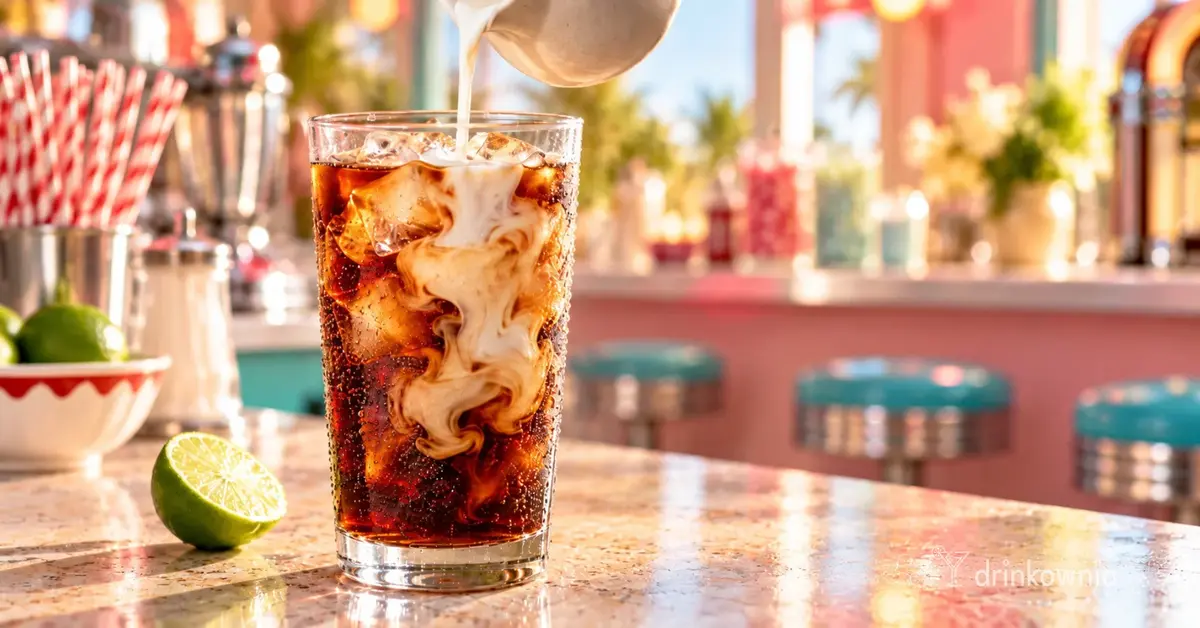Szklanka Dirty Soda z colą i lodem, do której wlewana jest śmietanka, na pastelowym tle soda baru.
