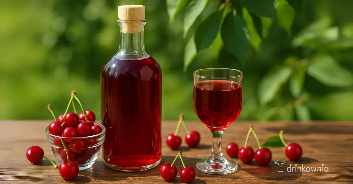 Domowa wiśniówka w butelce i kieliszku, z miską świeżych wiśni na drewnianym stole w letnim ogrodzie, w słońcu