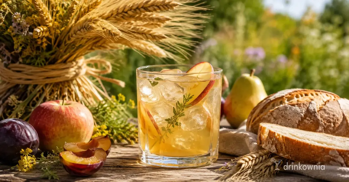 Jasny drink z jabłkiem wśród kłosów zbóż, śliwek, gruszki i chleba na drewnianym stole.