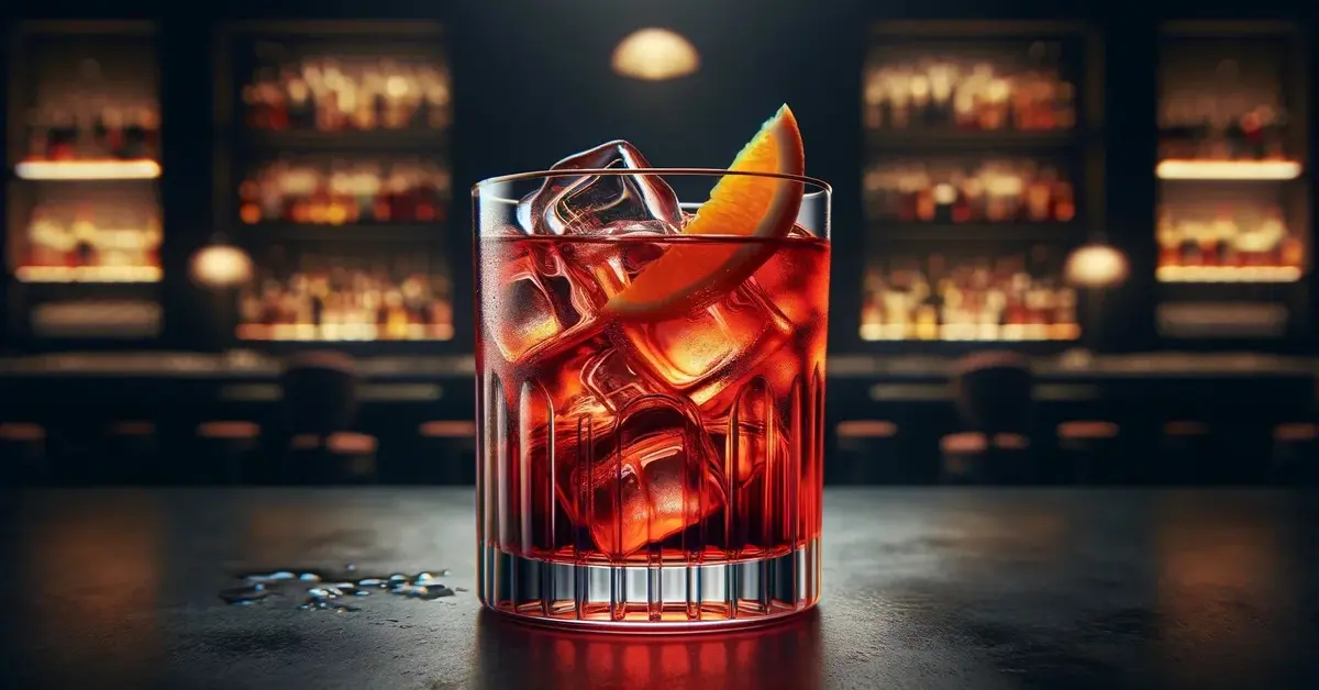Zdjęcie przedstawia drink Americano, w szklance old fashioned wypełnionej lodem, z cząstką pomarańczy.