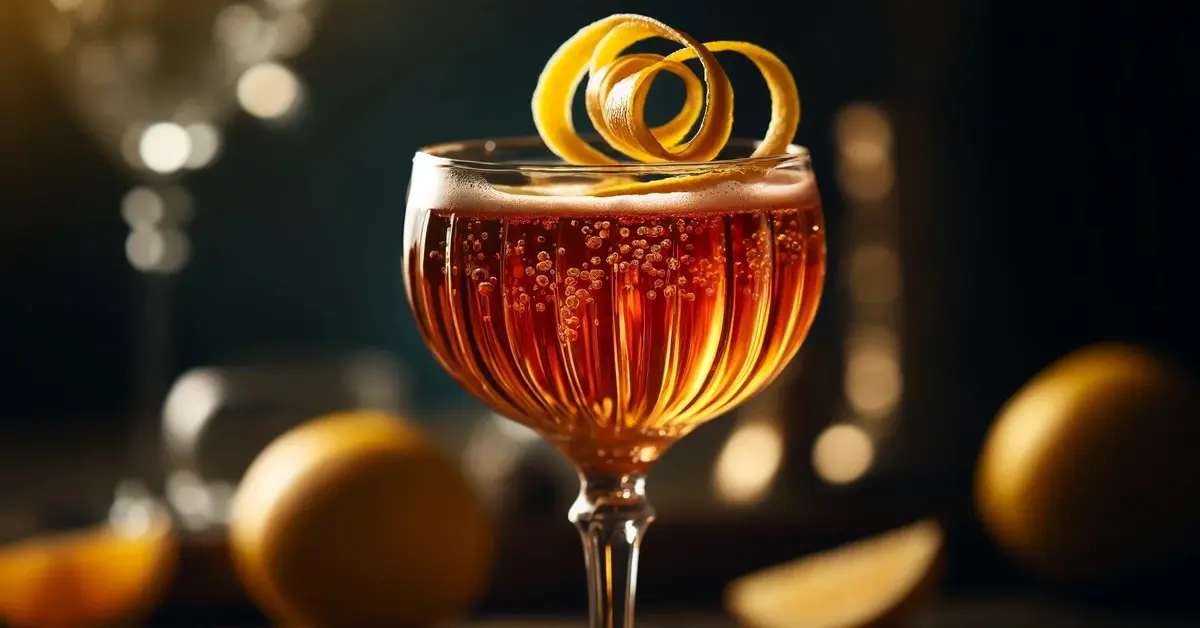 Zdjęcie przedstawia elegancki klasyczny drink Boothby w kieliszku coupé, idealny na wieczór. Whisky, szampan.
