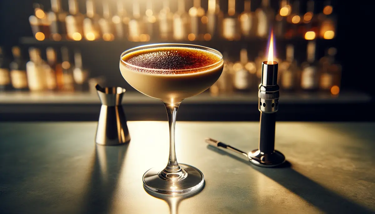 Koktajl Creme Brulee w kieliszku do martini, karmelizowany cukier, luksusowy bar, przepis na drink.