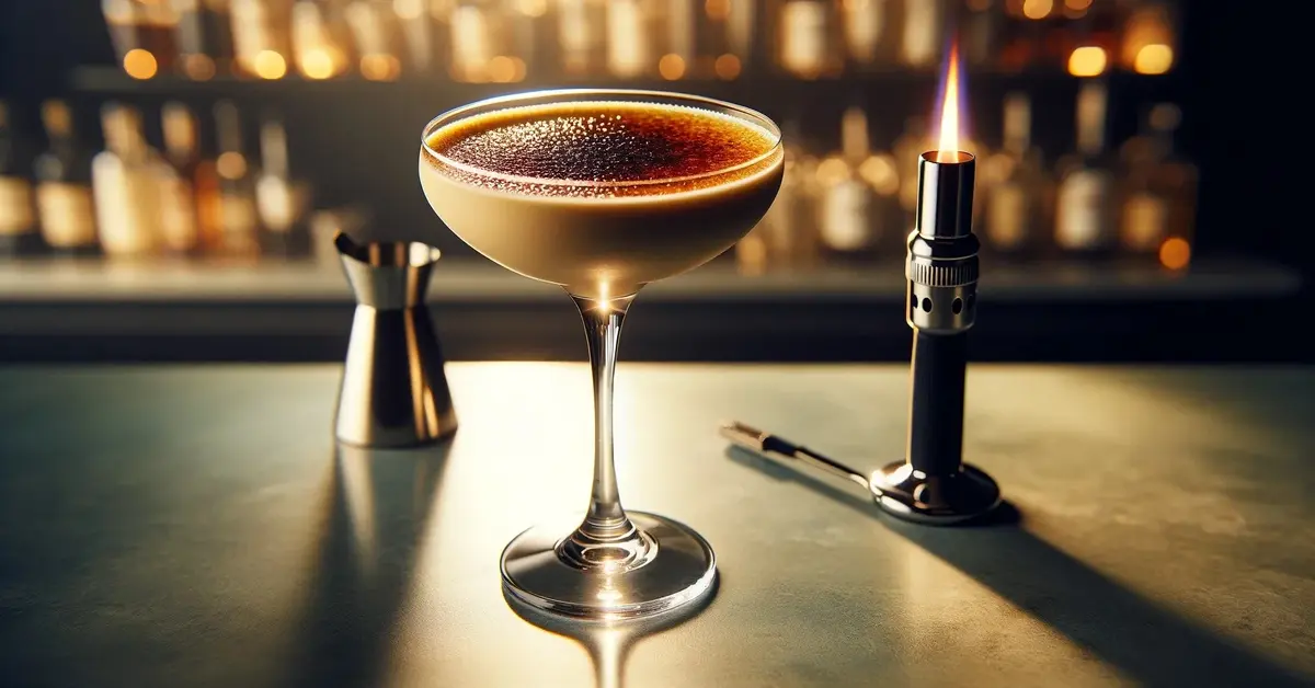 Koktajl Creme Brulee w kieliszku do martini, karmelizowany cukier, luksusowy bar, przepis na drink.